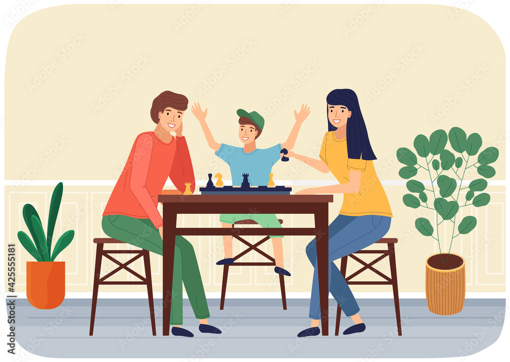 Mother, father and son playing logic board game together at home. Family members playing chess