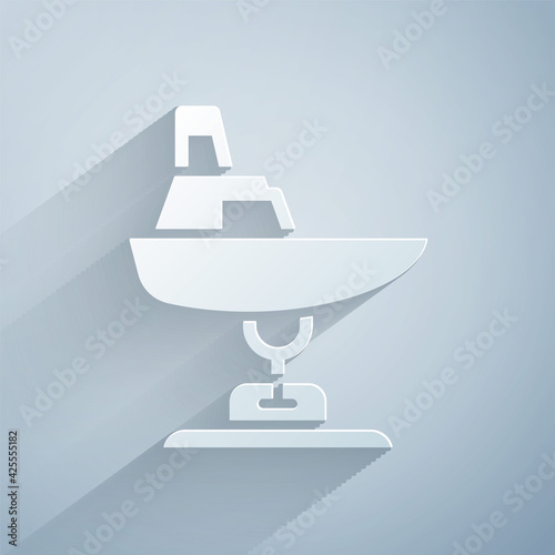 Paper cut Swing boat on the playground icon isolated on grey background. Childrens carousel with boat. Amusement icon. Paper art style. Vector