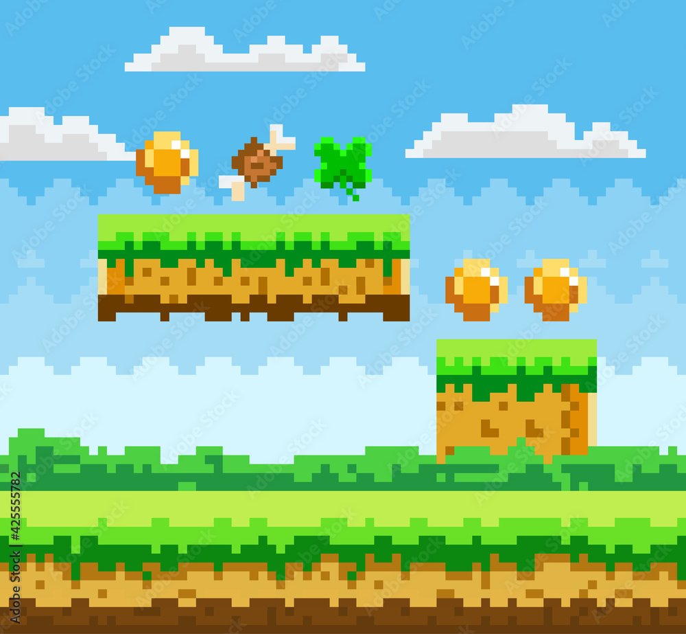 Pixel-game scene with grass, ground platforms and awards for player golden coins, meat bone and leaf