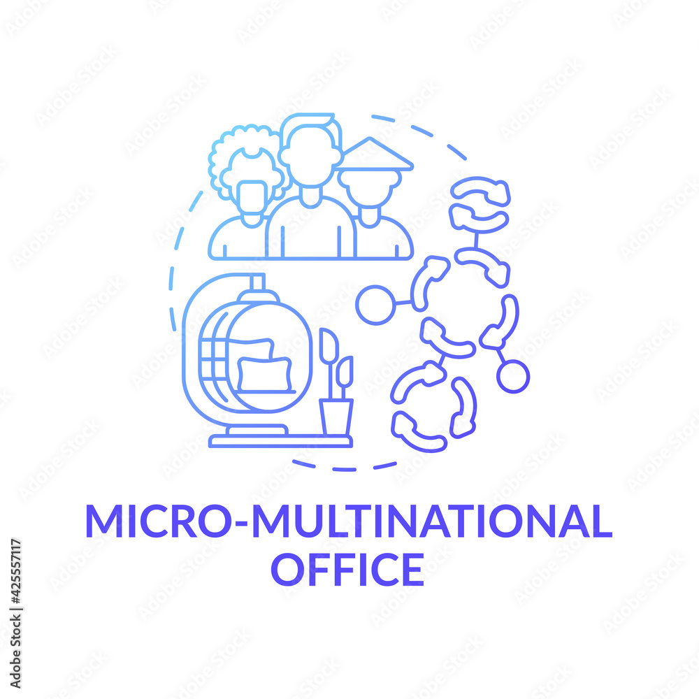 Micro-multinational office concept icon. Workspace trend idea thin line illustration. Diverse employees. Reducing traditional workplace. International labour. Vector isolated outline RGB color drawing Micro-multinational office concept icon. Workspace trend idea thin line illustration. Diverse employees. Reducing traditional workplace. International labour. Vector isolated outline RGB color drawing