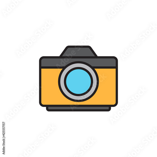 Photo camera icon isolated on color background. Foto camera icon. Vintage style drawing. Vector Illustration