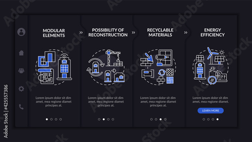 Futuristic worksite building onboarding vector template. Responsive mobile website with icons. Web page walkthrough 4 step screens. Reconstruction, recycle night mode concept with linear illustrations