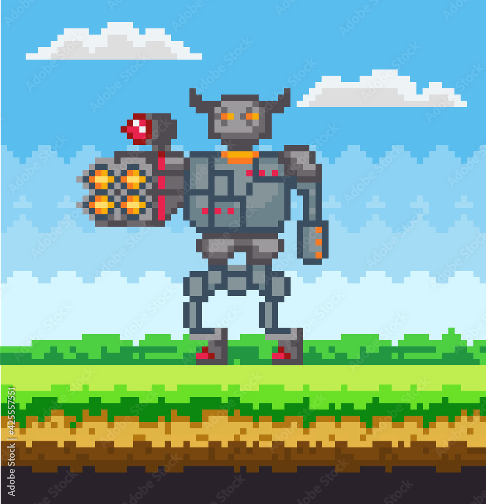 Pixel art game scene with ground, grass and sky with clouds. Mechanical man in iron armor Pixel art game scene with ground, grass and sky with clouds. Mechanical man in iron armor