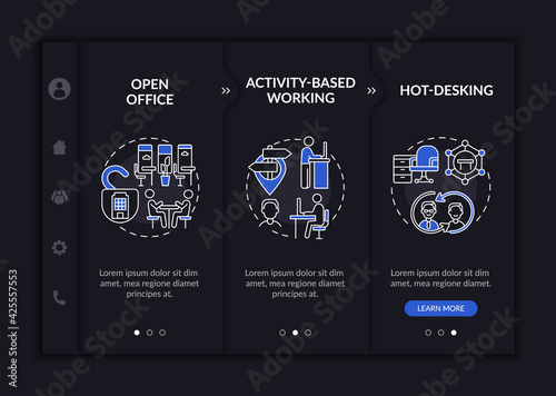 Futuristic office surroundings onboarding vector template. Responsive mobile website with icons. Web page walkthrough 3 step screens. Open space, hot desk night mode concept with linear illustrations