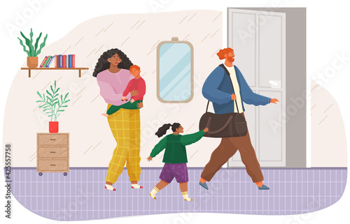Angry man leaving family after conflict. Woman and man quarreling, father leaves thinking of divorce