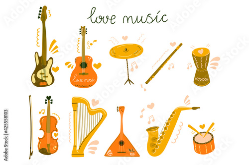 Set of hand drawn musical instrument for education, courses, festive, shop. Flat illustration.