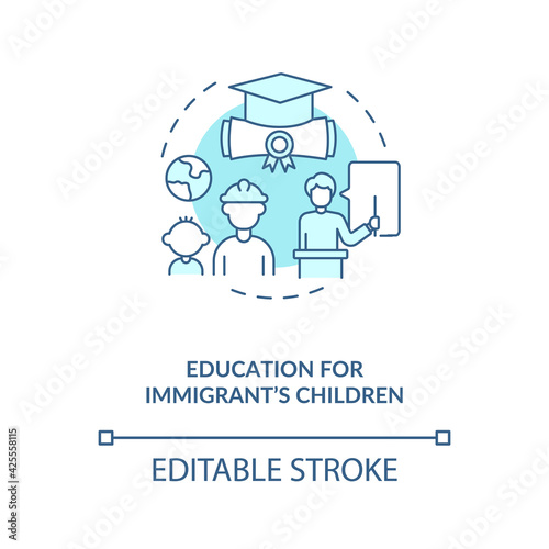 Education for immigrants children blue concept icon. Foreign students. Kids studying. Migrant worker rights idea thin line illustration. Vector isolated outline RGB color drawing. Editable stroke