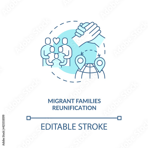 Migrant families reunification blue concept icon. Parents with children together abroad. Immigrant worker rights idea thin line illustration. Vector isolated outline RGB color drawing. Editable stroke