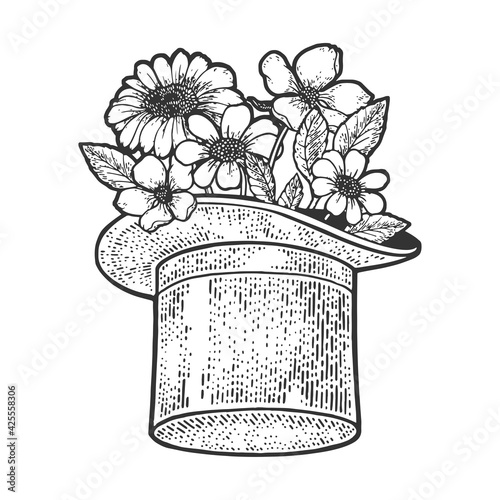 Flowers in Top hat cylinder sketch engraving vector illustration. T-shirt apparel print design. Scratch board imitation. Black and white hand drawn image.
