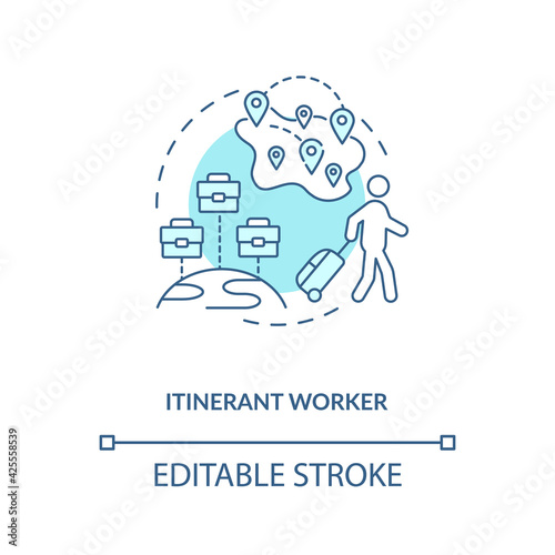 Itinerant worker blue concept icon. Immigration for work. Temporary job in different regions. Migrant rights idea thin line illustration. Vector isolated outline RGB color drawing. Editable stroke