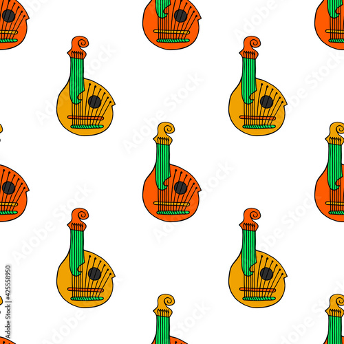 Bright seamless pattern with bandura on a white background. Ukrainian national instrument. Vector drawing.