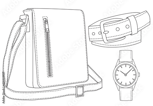 contour, sketch of a man's bag, belt, watch