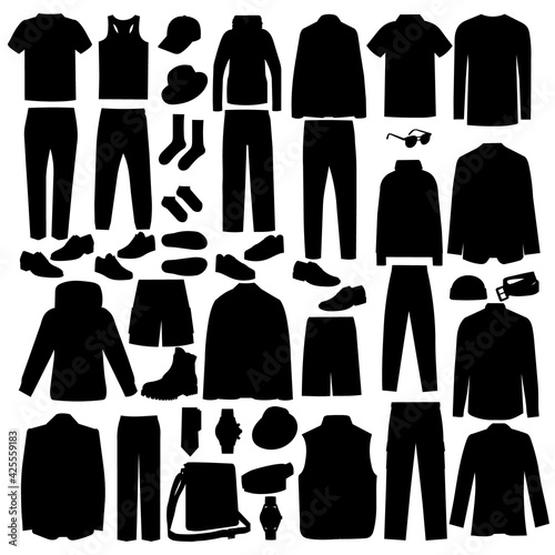 vector, isolated, silhouette mens clothing, set, collection