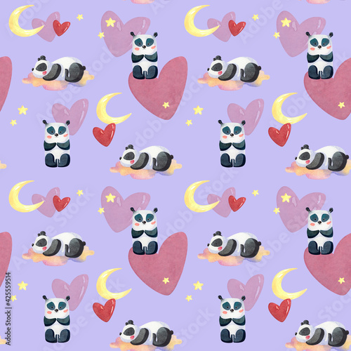 Cute pattern with pandas on the cloud with moon, stars and red heart. Ideal for pajamas, bedding, party wrapping. For lovers and children 