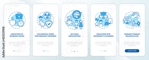 Migrant workers rights blue onboarding mobile app page screen with concepts. Immigrants walkthrough 5 steps graphic instructions. UI, UX, GUI vector template with linear color illustrations