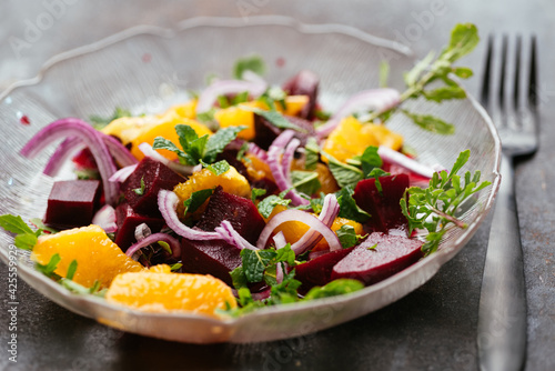 Home made beet and orange salad with mint and arugula