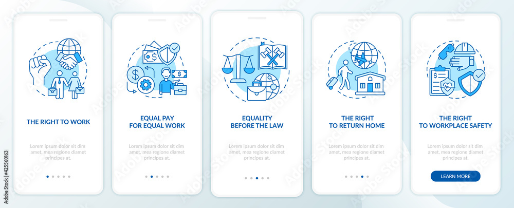 Migrant workers rights blue onboarding mobile app page screen with concepts. Immigrant walkthrough 5 steps graphic instructions. UI, UX, GUI vector template with linear color illustrations Migrant workers rights blue onboarding mobile app page screen with concepts. Immigrant walkthrough 5 steps graphic instructions. UI, UX, GUI vector template with linear color illustrations