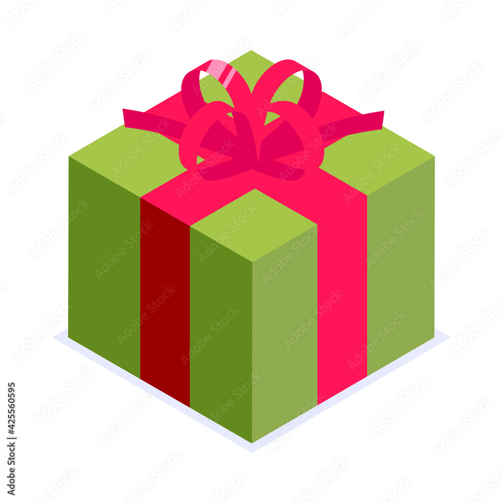 Green gift box with bow. Gift for party, celebration, special event like birthday, christmas, valentines day. Modern vector illustration in isometric style. Isolated on white background. Green gift box with bow. Gift for party, celebration, special event like birthday, christmas, valentines day. Modern vector illustration in isometric style. Isolated on white background.