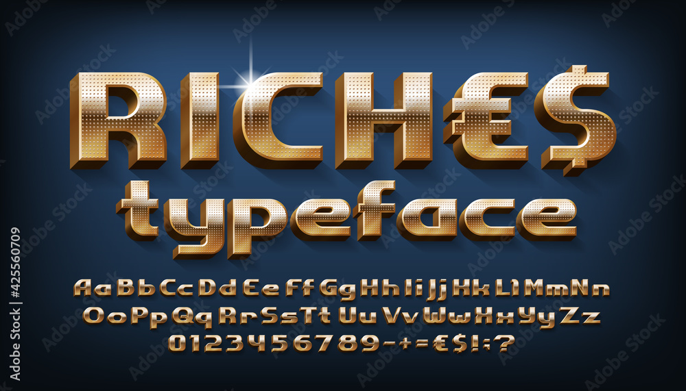 Riches alphabet font. 3D golden letters, numbers and punctuations. Uppercase and lowercase. Stock vector typeface for your typography design.
