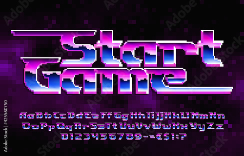 Start Game alphabet font. Pixel letters, numbers and punctuations. Pixel background. 80s arcade video game typescript.