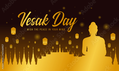 Vesak day with gold A large meditation statue of the Buddha in the temple on night time and lantern on sky vector design