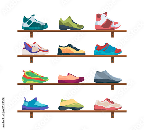 Sneakers collection. Sport footwear athletic fashioned colored shoes garish vector casual running sneakers for men and women