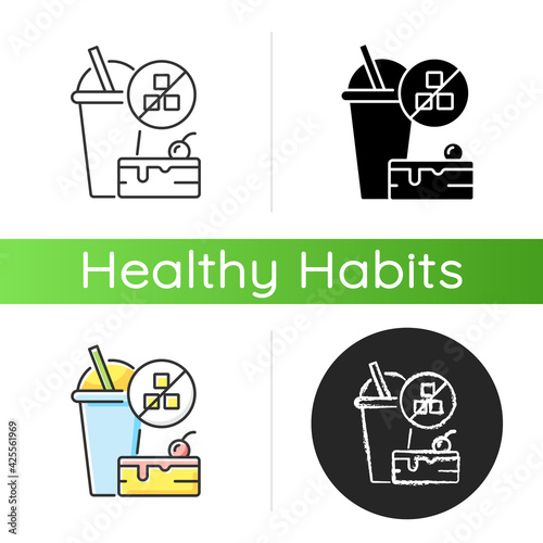 No added sugar icon. Healthy food. Weight loss. Stop overeating. Unhealthy junk food. Nutritious diet. Nourishment and self care. Linear black and RGB color styles. Isolated vector illustrations