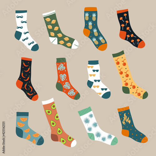 Socks collection. Trendy foot wears ornamental textile woolen knitted stylish clothes recent vector socks illustrations in flat style