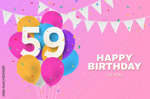 Happy 59th birthday balloons greeting card background. 59 years anniversary. 59th celebrating with confetti. Illustration stock
