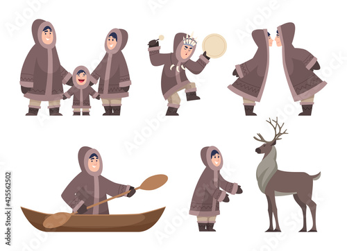 Eskimo characters. Traditional ethnic authentic characters cold alaska family exact vector cartoon happy people isolated