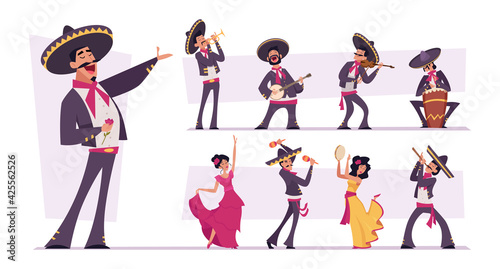 Mexican people. Authentic nacional clothes for mexican characters traditional happy persons musicians in sombrero exact vector illustrations isolated