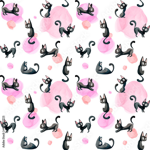 Cute watercolor pattern with black cats, which sitting and looking on you and pink alcohol ink