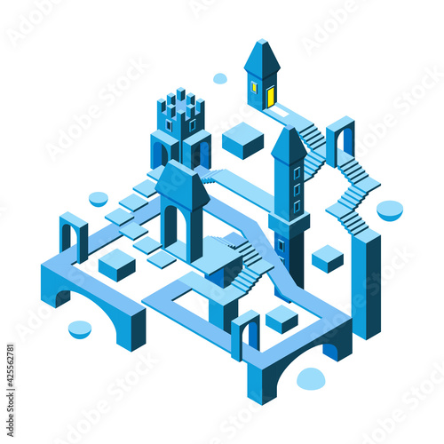 Isometric maze building. 3d architectural object big building with many impossibile ways and doors stairs towers garish vector maze illustration