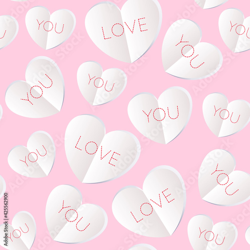 Seamless pattern with paper cut hearts and text love you. Valentines day design, vector 