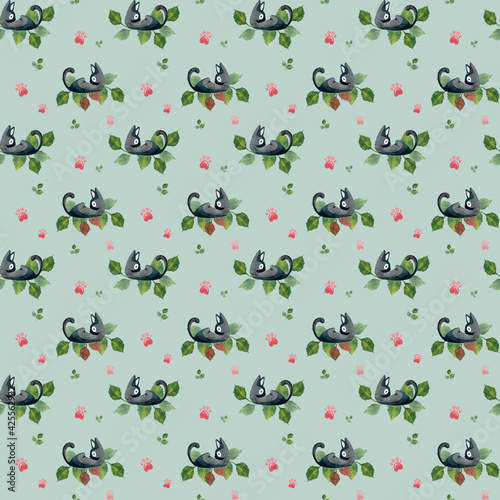 Watercolor pattern with adorable black cats on green leaves with little paws for children and pet lovers