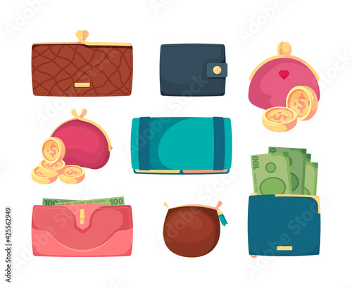 Leather wallets. Business treasures dollars golden coins in sack and wallets for men and women garish vector illustrations collection