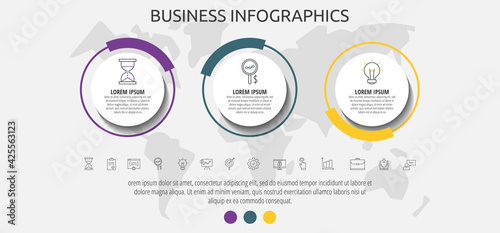Modern and simple flat vector circles infographic with 3 steps, icons. Timeline for diagram, chart, workflow layout, presentations, flowchart, info graph, content, levels, chart, processes diagram