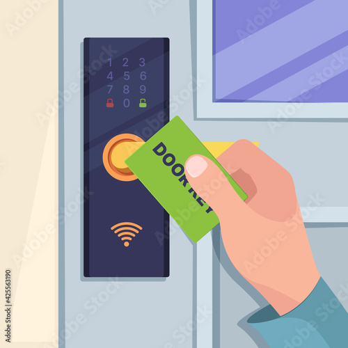 Digital card for handle door. Hand holding wireless card for smart electronic lock with sensor reader in hotel room key machine control system garish vector concept