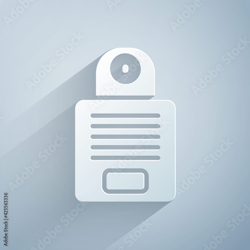 Paper cut Intercom icon isolated on grey background. Paper art style. Vector