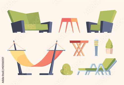 Garden decoration. Modern furniture for relax time in garden outside terrace items chairs swing bushes couch garish vector flat pictures collection