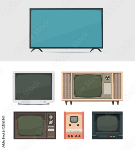 Tv set. Retro and modern digital tv for news movies and broadcasts old filming gadgets garish vector illustrations collection