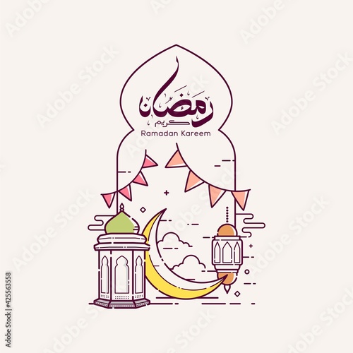 Ramadan kareem arabic calligraphy means generous holiday and celebration of holy month with mosque line art design vector illustration