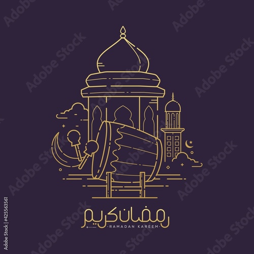 Ramadan kareem arabic calligraphy means generous holiday and celebration of holy month with mosque line art design vector illustration