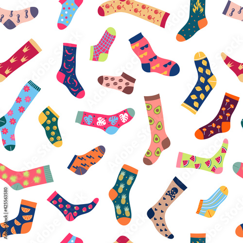 Socks pattern. Textile design pictures with colored fashionable textured woolen socks for people recent vector seamless background