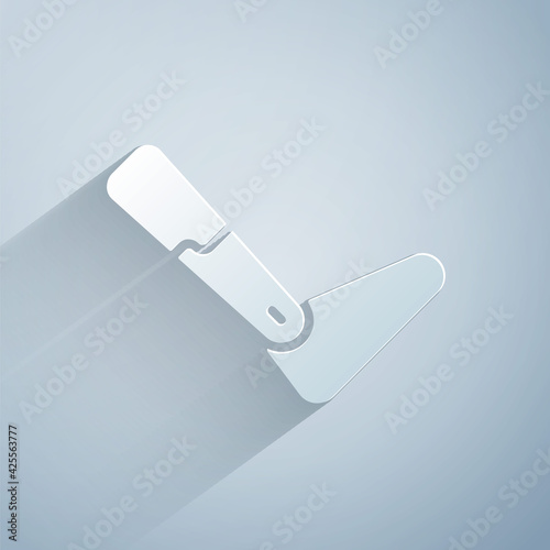 Paper cut Prosthesis leg icon isolated on grey background. Futuristic concept of bionic leg, robotic mechanical leg. Paper art style. Vector