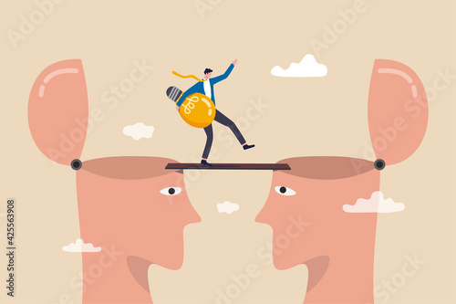 Knowledge transfer or idea sharing between employee or teamwork, skill training or work transition concept, businessman holding idea light bulb walking on the bridge from human head brain to other.
