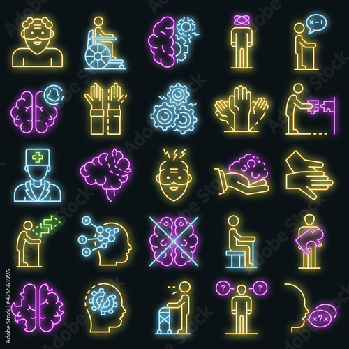Alzheimers disease icons set. Outline set of alzheimers disease vector icons neon color on black