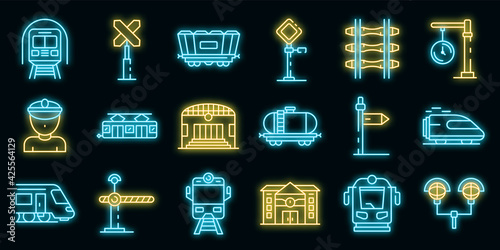 Railway station icons set. Outline set of railway station vector icons neon color on black