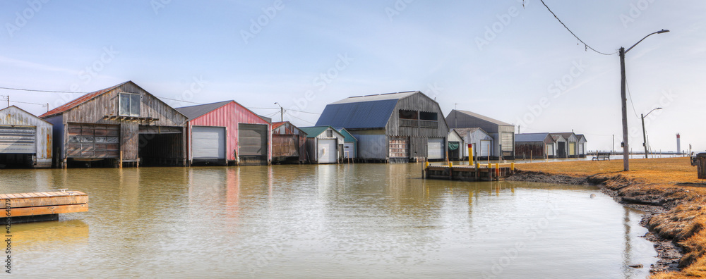 Panorama of harbor and boathouses in Port Rowan, Ontario, Canada Panorama of harbor and boathouses in Port Rowan, Ontario, Canada
