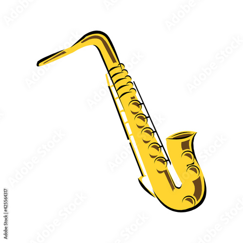 Golden saxophone on white background in cartoon style isolated vector Illustration